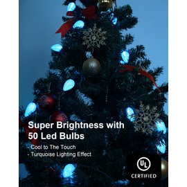 TOPKDA C9 Led Christmas String Lights Outdoor, 33.3ft 50 LED Waterproof Decorative Light Strand, Extendable Green Wire String Lights for House, Christmas Tree, Patio, Party Decoration, Turquoise