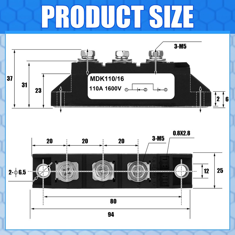 Yexiya MDK 110A (100A)-16 Solar Diode, DC Blocking Unidirectional in-line