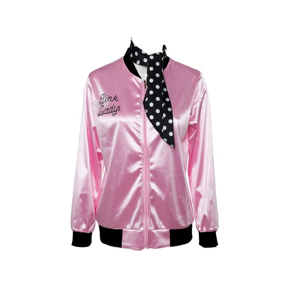 Lixinya 50s Ladys Pink Satin Jacket Halloween Cosplay Costume Pink Jacket with Neck Scarf