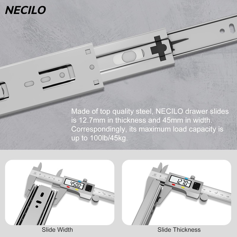 NECILO Silver 350mm Residential Drawer Runner, 45kg Load Capacity Full