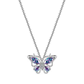 Hipunk Butterfly Mystic-Rainbow-Topaz Necklace Birthstone Women 925 Sterling Silver Fire-Topaz Birth Stone Animal Butterflies Pendant Crystal Birthday Jewelry SP0075C