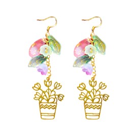 Plant Lady Boho Floral Flower Pot Dangle Earrings Whimsical Playful Leaves Petals Cottage Cottagecore Casual Jewelry Plant Lovers Gift