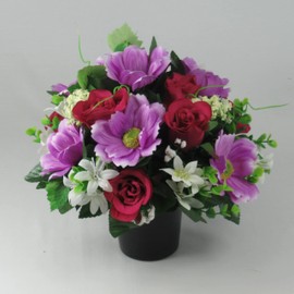 Lilac cosmos and cerise rosebud grave arrangement 25cm (10 inches) in grave pot/vase