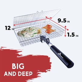 PEENOZ Grill Basket, Barbecue BBQ Grilling Basket , Stainless Steel Large Folding Grilling baskets, Portable Outdoor Camping grill BBQ Rack for Fish, Shrimp, Vegetables, Barbeque Griller Cooking Accessories