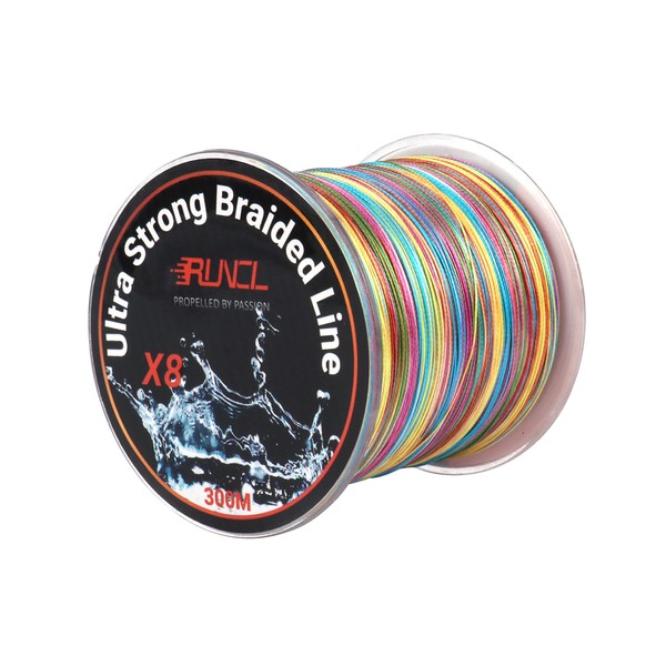 RUNCL Braided Fishing Line, 8 Strand Abrasion Resistant Braided Lines, Zero Stretch, Smaller Diameter, Rainbow Color for Extra Visibility, 328-1093 Yds, 12-129LB