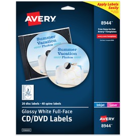 Avery Printable Full-Face CD Labels, Glossy White, Permanent Adhesive, Laser/Inkjet Printable, 20 Disc & 40 Spine Labels, Ideal for CDs, DVDs, PC Discs, Media Projects & More (8944)