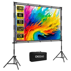 Projector Screen with Stand, OKEDUO 120 inch Foldable Indoor Outdoor Projection Screen, 16:9 4K HD Rear Front Wrinkle-Free with Carry Bag for Backyard Backyard Cinema