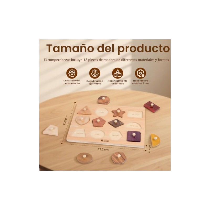 Adena Montessori Rompecabezas de madera para bebés de 12 a