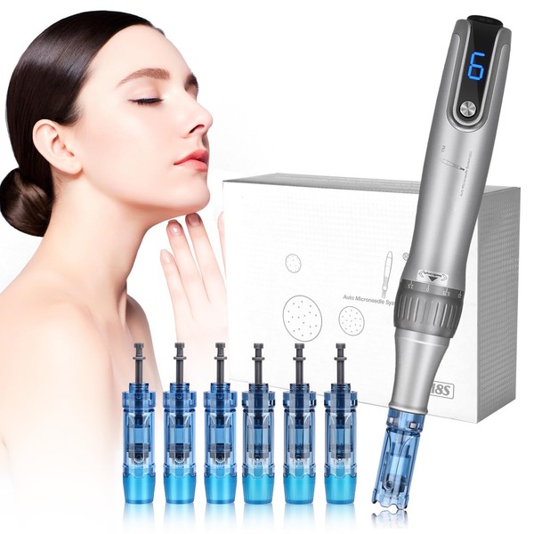 Yofuly Microneedling Pen M8S, Electric Dermapen M8S, Derma Pen 0-2.5 mm with LCD Screen and 6 Levels, Microneedling Pen with 6 Microneedling Needles Cartridges for Skin Face