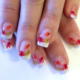 Acrylic Press on Nails Square Short Fake Nails with Leaves Designs White French Tip Nails Press ons Glossy Glue on Nails Fall False Nails Thanksgiving Stick on Nails for Women 24Pcs