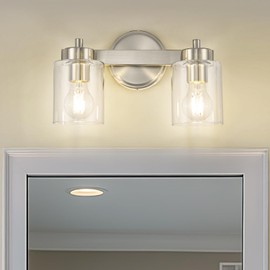 Ken & Ricky 13" Bathroom Light Fixtures, 2-Light Vanity Lighting Fixtures, Brushed Nickel Wall Sconces with Clear Glass Shades, Siver Wall Lamp for Over Mirror Bedroom Hallway, KR3375-W-BN-2