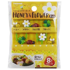 Torne P-3663 Honey & Flower Picks, Pack of 8 (4 Types x 2 Each), Cute Colors, Party Decorations, For Bento