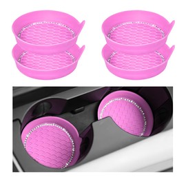 4 PCS Bling Car Cup Coaster, Crystal Rhinestone Cup Holder Insert for Car Interior Decoration, Non Slip Shockproof Silicon Sparkly Drink Met Universal for Most Vehicles (Pink)