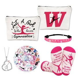 EccoDen Gymnastics Gifts for Girls - 5 Pcs Gymnastics Stuff with Gymnastic Stickers Gymnastic Bag Gymnastics Necklace Headband Socks, Gymnastics Accessories for Girls, Letter W