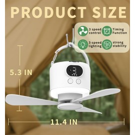 geonfi Camping Fan 10400mAh Battery Operated, USB Rechargeable Tent Fan with Remote Control,3 Detachable Blades, LED Light, 3 Speeds, Timer, Portable Ceiling Fan for Camping(White)