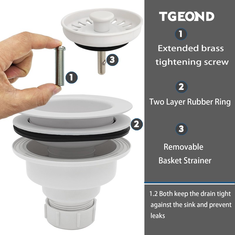 TGEOND White Kitchen Sink Drain Assembly, 3-1/2 inch Polymer Kitchen