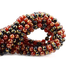 100Pcs Natural Crystal Beads Stone Gemstone Round Loose Energy Healing Beads with Free Crystal Stretch Cord for Jewelry Making (Craved Dragon Mantra Red Black Agate, 8MM)