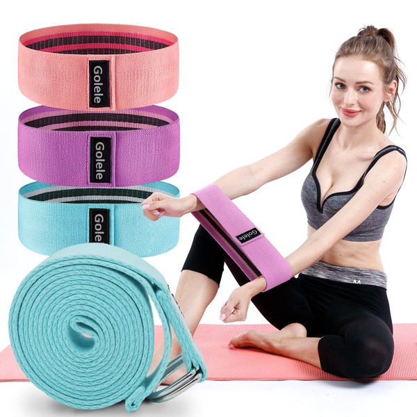 GOLELE - Bandas de resistencia para entrenamiento, botas y piernas, bandas elásticas de tela antideslizante, 3 paquetes + 1 correa de yoga fácil de transportar (ES-618)