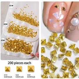 JERCLITY 600pcs Gold Square Spire Nail Charms Alloy Mini Metal Rivet Nail Charms for Acrylic Nails Flat Base Punk Style Square Spire Nail Studs Spike Nail Rivets for Women Nail Art（3 Sizes）
