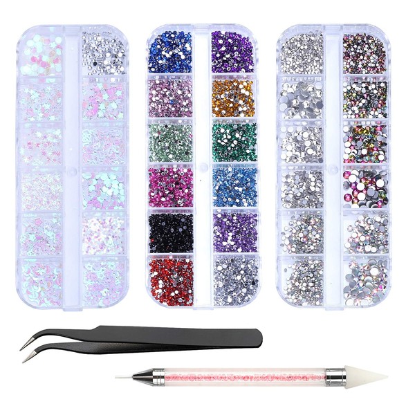 4200pcs Rhinestones for Nails, Nail Glitter Sequins Nail Decals with Crystals Nail Gems Diamonds for Nail Art Including Wax Pencil for Rhinestones And Rhinestone Picker… (A)
