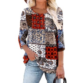 KISSMODA 3/4 Sleeve Tops for Women Trendy 3/4 Length Sleeve Womens Summer Tops Beach Vacation Clothes Loose Floral XL