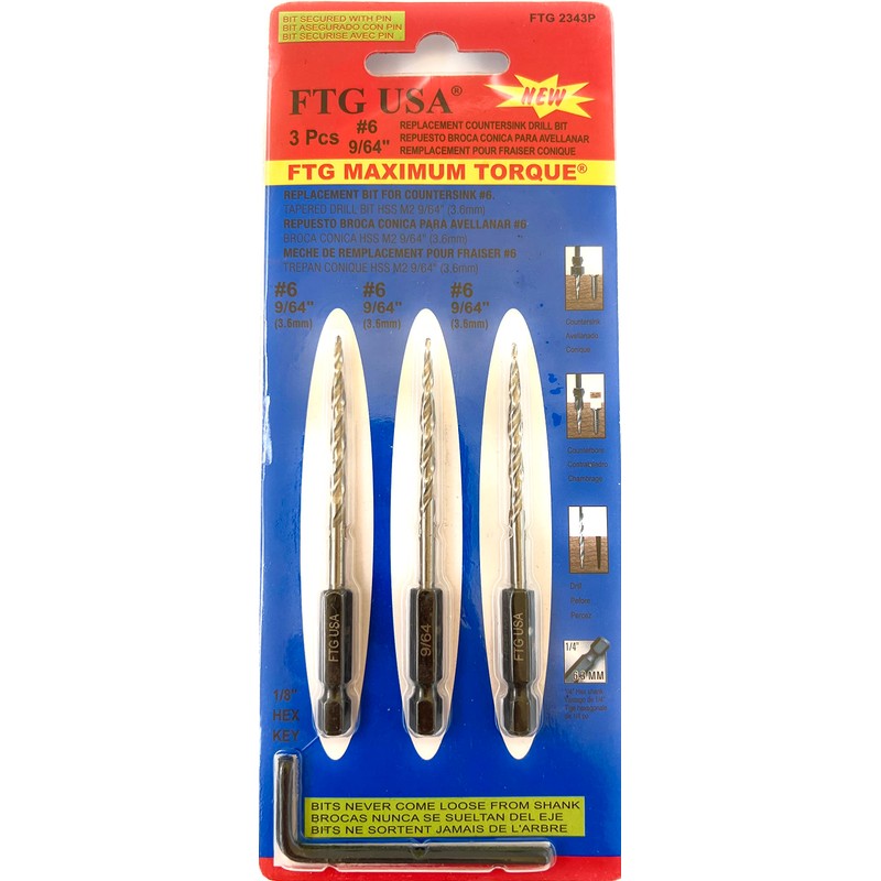 FTG USA Replacement Tapered Countersink Drill Bit Set 3 Pc