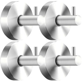4 Pack Suction Cup Hooks for Shower, No-Drill Towel Hooks for Bathrooms SUS 304 Stainless Steel Shower Hooks, Loofah 15 LB Bathroom Hooks for Towels, Robes, Loofah Waterproof & Rustproof Silver