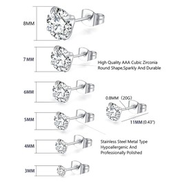 6 Pairs Stud Earrings Set,Hypoallergenic Cubic Zirconia 316L Stainless Steel CZ 3-8mm Earrings for Men,Women,Boys & Girls (Silver)