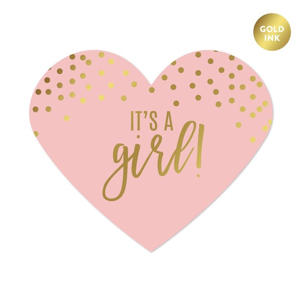 Andaz Press Blush Pink and Metallic Gold Confetti Polka Dots Baby Shower Party Collection, Heart Label Stickers, It's a Girl!, 75-Pack