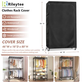 Rileytee Garment Rack Cover,600D Heavy Duty Waterproof Clothing Cover,Clothes Rack Cover with Zipper for Metal Garment Rack(Black,46"W X 18"DX 80"H,Cover Only）