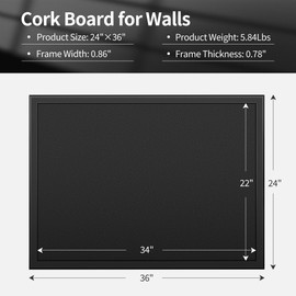 ORIENTOOLS Black Cork Board, 24" x 36" Black Bulletin Board, Framed Cork Board, Hanging Corkboards for Wall, Wooden Frame Vision Board Cork Notice Board with Frame, Pinboard for Office, Home, School