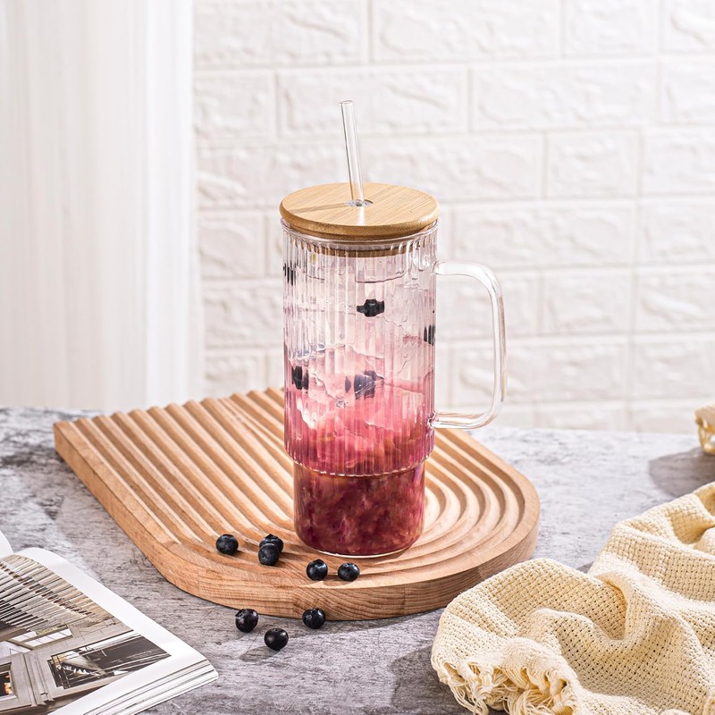 32oz Ribbed Glass Cup with Handle Bamboo Lid and Straw,