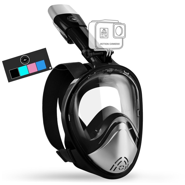 Platinum Arowana® Professional Full Face Snorkel Mask - Black snorkeling gear for Adults & Kids, 180° Panoramic View, Adjustable Anti-Fog Anti-Leak Dry System Set Diving Mask w/Detachable Camera Mount
