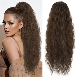 AL061D Ponytail Extension, Ponytail Hairpiece, Brown Curls with Drawstring, Long Hair Extensions, Synthetic Hairpiece, Wavy Afro Braid, 65 cm
