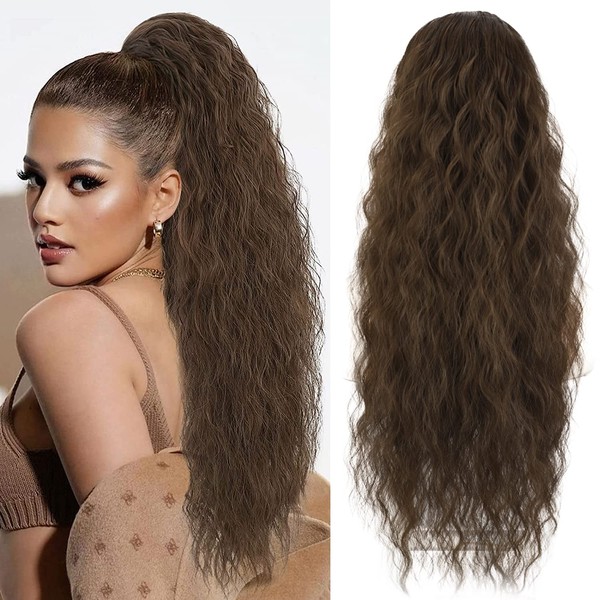 AL061D Ponytail Extension, Ponytail Hairpiece, Brown Curls with Drawstring, Long Hair Extensions, Synthetic Hairpiece, Wavy Afro Braid, 65 cm