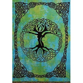 Handmade Tie Dye Celtic Tree of life Cotton Tapestry Bedspread Beach Sheet Dorm Decor Twin 70" x 104" Green Blue