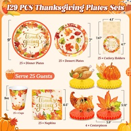 Thanksgiving Plates and Napkins Dinnerware Sets, Thanksgiving Disposable Paper Plate set for 25 Guests with Fall Paper Plates, Napkins, Cups, Cutlery Holders, Centerpieces for Table Decorations 129PCS