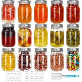 CycleMore 16 oz Mason Jars With Airtight Lids and Brands 15 Pack Glass Canning Jars with Regular Mouth, Pint Clear Glass Jars For DIY Projects, Food Storage and Fermenting with Brush & 24 Labels