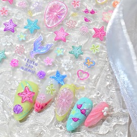 Summer Nail Stickers for Nail Art 5D Embossed Flowers Dolphins Starfish Nail Decals Shell Jellyfish Mermaid Tail Designs Floral Laser Butterfly Lemon Nail Sticker Ocean Beach Acrylic Nails for Women