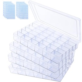 Vyndicca 4 Pack Clear Plastic Organizer Box,36 Grids Clear Bead Storage Containers with Adjustable Divider,Clear Organizer Box for Bead Art DIY Craft Jewelry Fishing with 512 Label Stickers