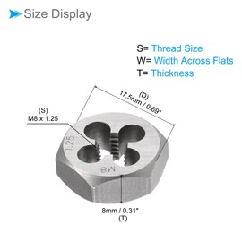 CoCud Hex Rethreading Die, M8 x 1.25 Pitch, Carbon Steel Cylindrical Pipe Threading Tool with 4 Chip Holes - (Applications: for Threading Repairing)