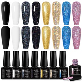 MEET ACROSS Nude Gel Nail Polish Kit 8PCS Glitter Gel Polish Set Yellow Blue Gold Glitter Gel Soak Off UV/LED Nail Art Gel Kit All Season DIY Salon Gift for Women
