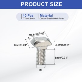 PATIKIL M5 x 10 mm Thread T-Slot Bolts, 40 Pcs Drop-in Bolt Hammer Head T-Bolt Standard 6 mm Sliding Screw Stud for 20 Series Aluminum Extrusion Profile, Silver