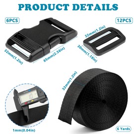 MELORDY Buckle Straps Set 2'' - 6 Yards Nylon Webbing 2 inch, 6 PCS Dual Side Release Buckles, 12 PCS Tri-Glide Sliders, Heavy Duty Dual Adjustable No Sewing Kit