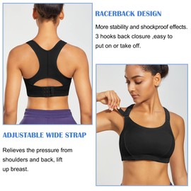 Bafully Racerback High Impact Sports Bras for Women Front Adjustable Wireless Workout Bra Push Up Crop Top (L, Black)
