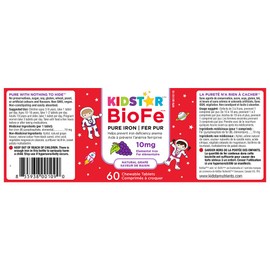 KidStar Nutrients BioFe Pure Iron Chewables, Natural Grape Flavour, 10 Mg Iron Per Tablet, No Sugar, 60 Chewable Tablets