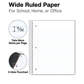 Dunwell 1 Subject Spiral Notebook (Black), Plastic Cover, 100 Sheets (200 Pages) 8x10.5 Paper, Wide Ruled for Easy Writing, 3-Hole Punched Perforated Pages, Divider with Pockets