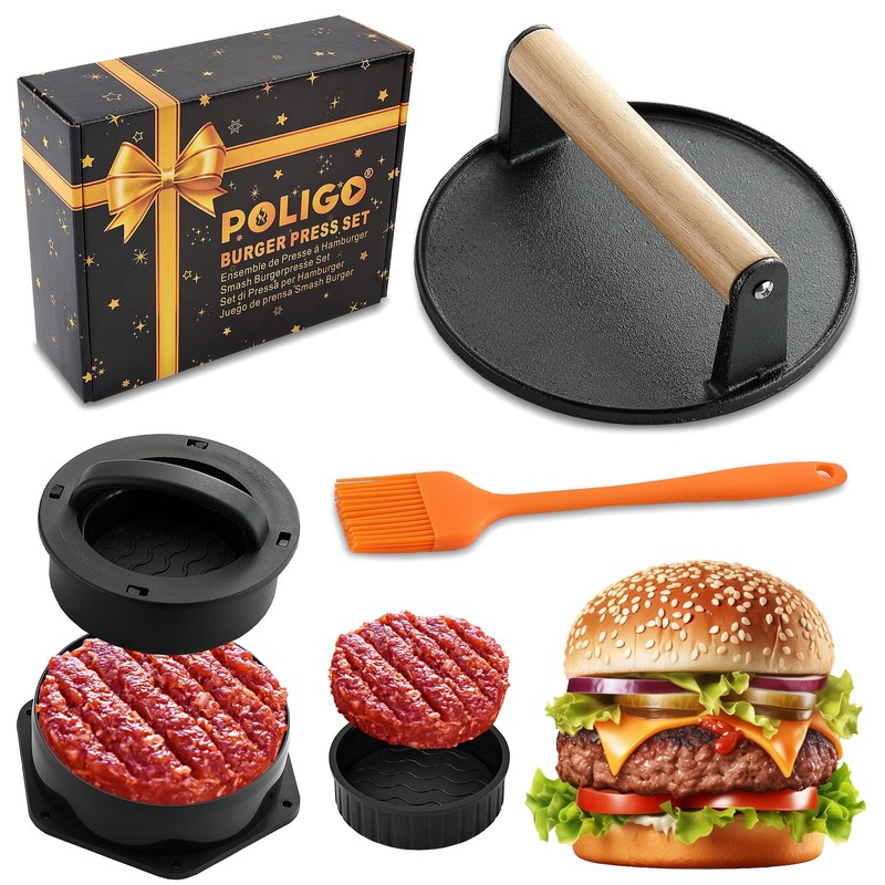 POLIGO Smash Burger Press Kit - 4 in 1 Hamburger