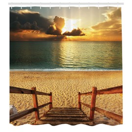 Ambesonne Playa Cortina de Baño, Horizonte Nube Dramática Puesta del Sol, Paño Conjunto de Decoración de Baño de Tela y Ganchos, 84" Extra Alta, Crema Azul Naranja