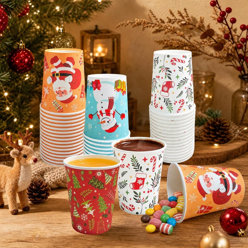 60 Pcs Christmas Paper Cups Disposable, 9 oz Xmas Coffee